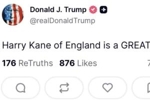 美国总统特朗普发文：英格兰的哈里&middot;凯恩是一位伟大的球员！！！